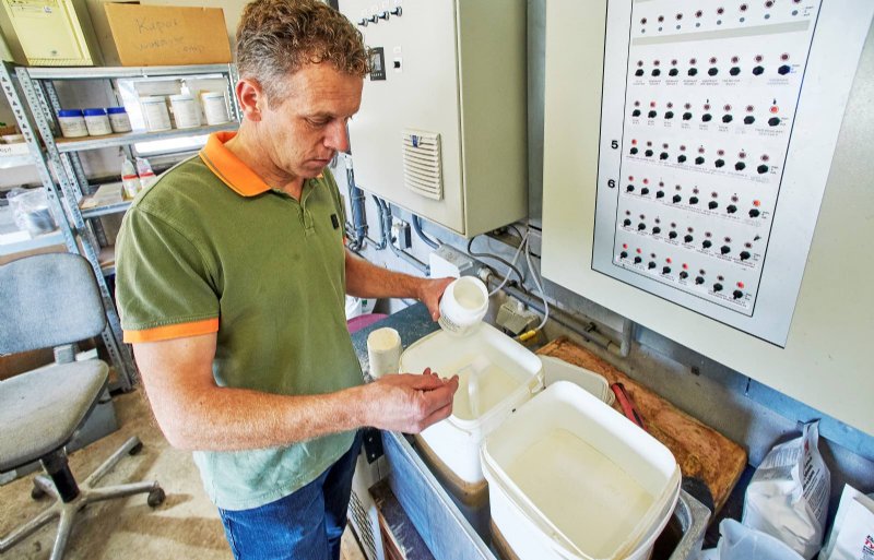 Erik Geene vermeerdert eerst zelf de melkzuurbacteriën zodat hij een overdosis kan toevoegen voor een goed verloop van het fermentatieproces