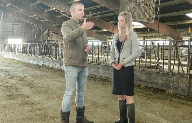 Gedeputeerde Femke Wiersma en biologisch melkveehouder Marten Dijkstra praten in de ligboxenstal over zijn emigratieplannen.