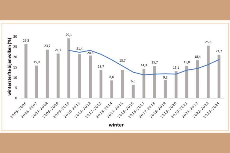 Overzicht van de gemeten wintersterfte over de periode 2005 tot en met 2023. De blauwe lijn geeft het vijfjarig gemiddelde weer op basis van voorgaande jaren.