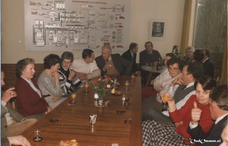 Het 75-jarig jubileum van De Vechtstreek in 1985. Aan de muur het stroomschema van de fabriek.