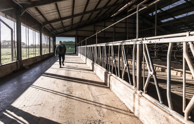 Een stoppende veehouder loopt door zijn lege koeienstal. Door stoppers, financiële zorgen en onrust over herbestemming dreigt verloedering van het platteland.