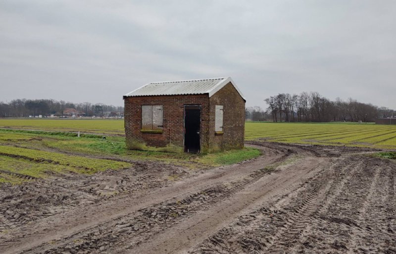 Een landschuurtje benadrukt de weidsheid van het landschap.