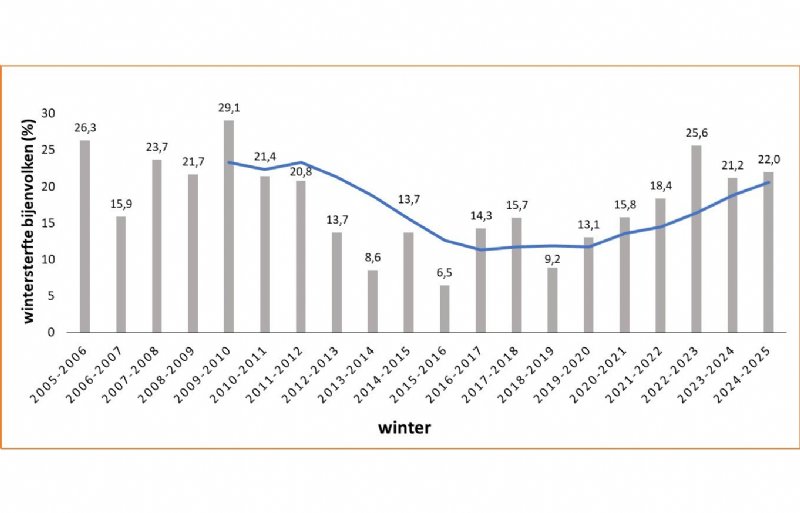 Overzicht van de gemeten wintersterfte over de periode 2005 tot en met 2024. De blauwe lijn geeft het vijfjarig gemiddelde weer op basis van voorgaande jaren. (bron: WUR)