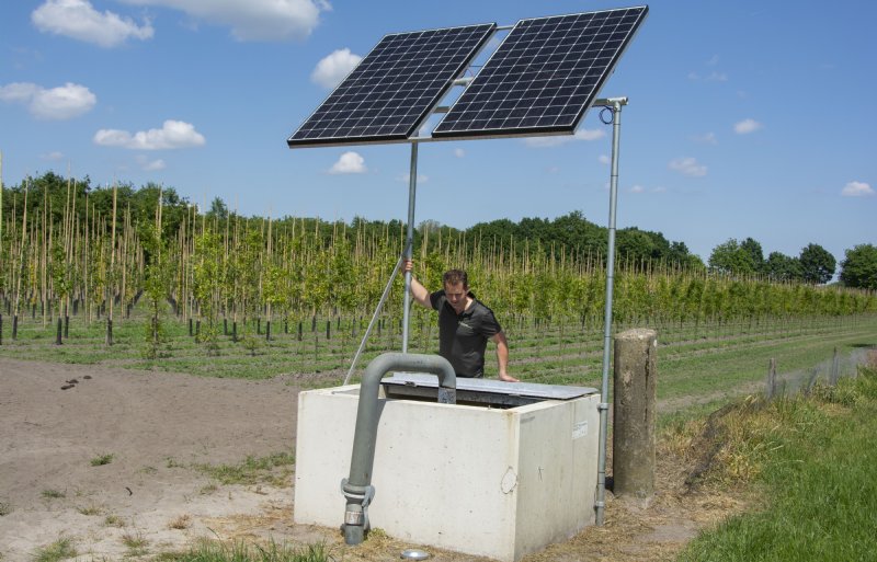 Boomkweker Maarten van Overbeek in Oirschot bekijkt de aanvoer van bronwater in een centrale aanvoerput voor zijn peilgestuurde drainage.