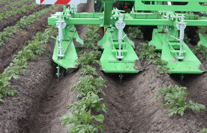 De Ecoridger van AVR haalt met schraapelementen een laag grond en het onkruid van de zijkanten van de aardappelrug.
