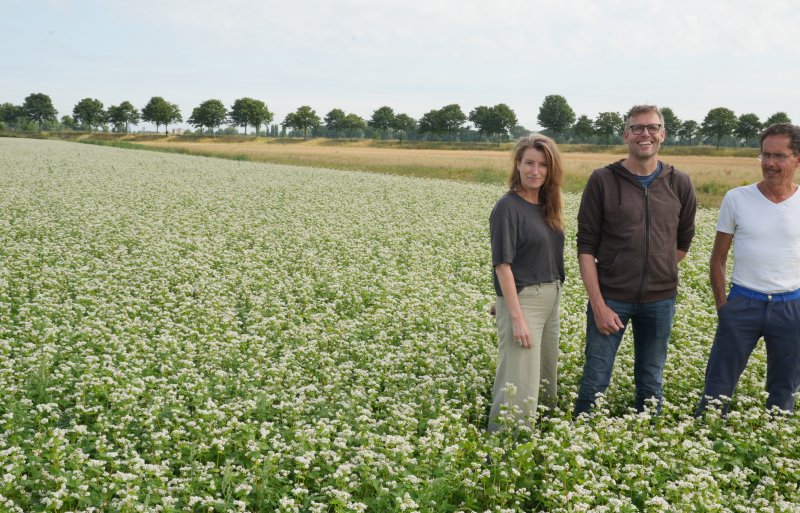 Van links naar rechts: programmamanager Jeanette Verdonk, onderzoeker Udo Prins en akkerbouwer Adjan Vos. Ze werken samen al lerend aan de ontwikkeling van landbouw en natuur.