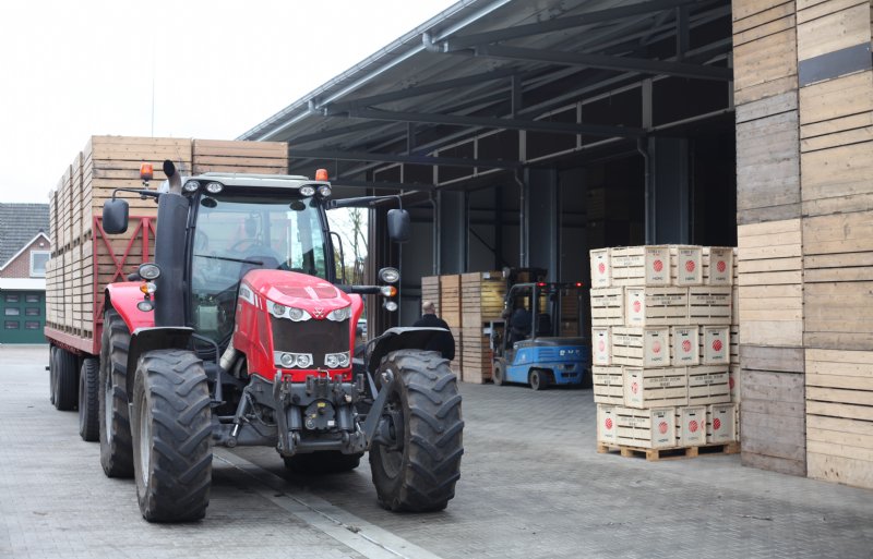 Aanvoer van pootaardappelen van een collega-akkerbouwer op het bedrijf in het Gelderse Aalten.