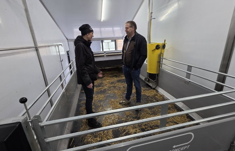 Peg Söderberg van Moving Floor en Math Lemmens van Stadsboerderij Hushoven in het hok voor de biggen, met achteraan nog een afdekking boven het biggennest.