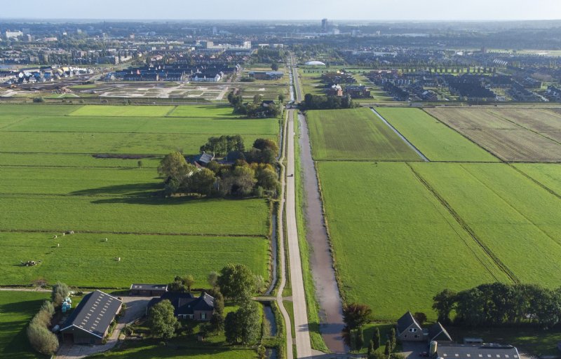 Boerderijen in de Mastenbroekerpolder. Aan de horizon woningbouw in de Zwolse nieuwbouwwijk Stadshagen.