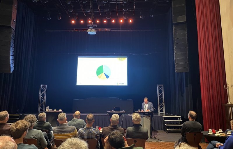 Kees Langebeeke, manager Agro Logistiek bij Cosun Beet Company, spreekt de bietentelers toe in een zaal in het Flevolandse Zeewolde.