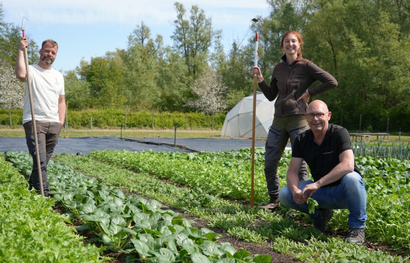 Sam Emons van De Voedseltuinders (links), groenteteler Poppy Eyre (midden) en ondernemer Barton Arnts, die sinds drie jaar grond ter beschikking stelt aan voedseltuin Gelukkige Groentes Ooij.