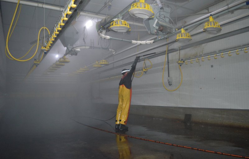 Vleeskuikenstal reinigen met hergebruik spoelwater.
